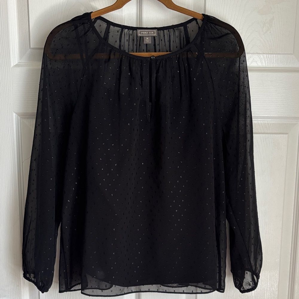 POINT SUR Black Sheer Dot Textured Long Sleeve Peasant Blouse Size Medium